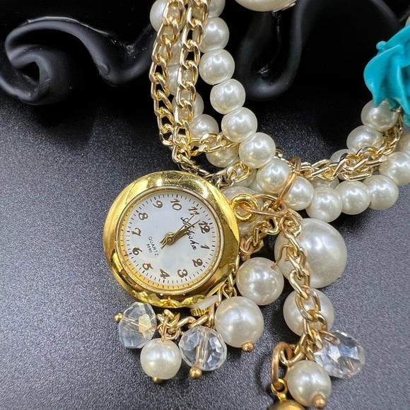 Ashiana Style Gold and Pearl Bracelet Watch with Blue Rose Charm - Picture 5 of 10